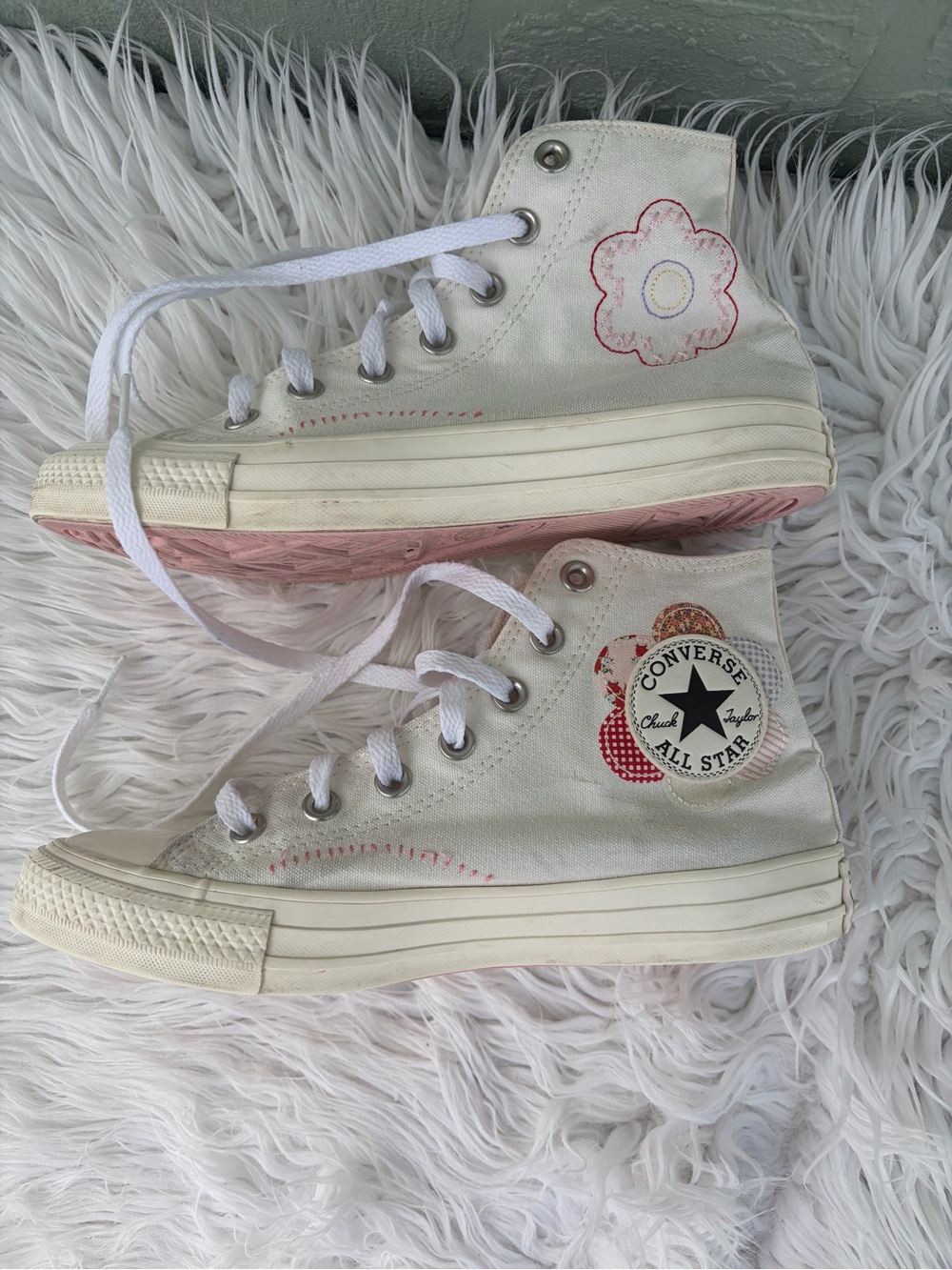 Converse White High-Top Sneakers with Pink Floral Stitching